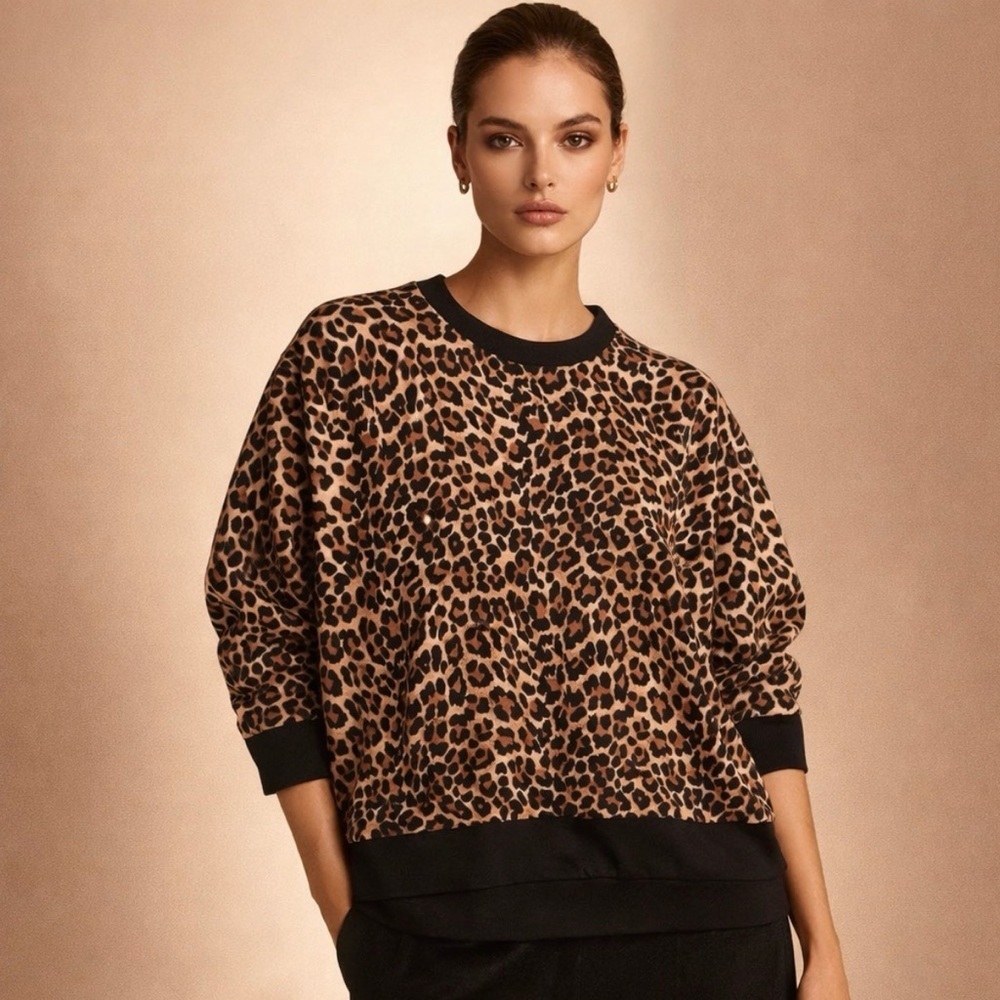 Secret Treasure Leopard Print Long Sleeve Top Black Trim Pullover Sweater XL